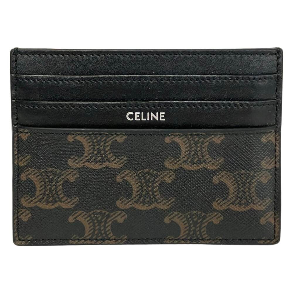 Celine Triomphe Canvas Card Case Black Brown PVC Leather